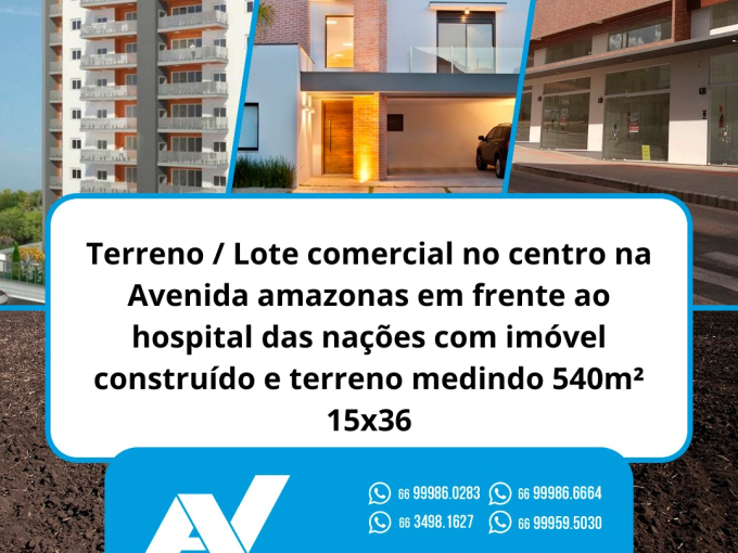 Cod. 303 – Terreno / Lote comercial no centro na Avenida amazonas em frente ao Hospital das Nações